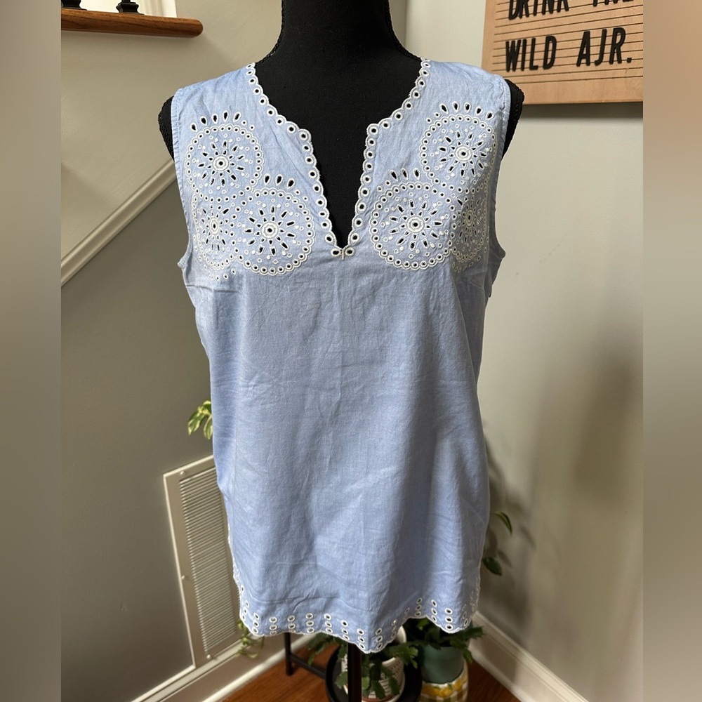 Light Blue Chambray Eyelet Sleeveless Top with Scalloped Hem